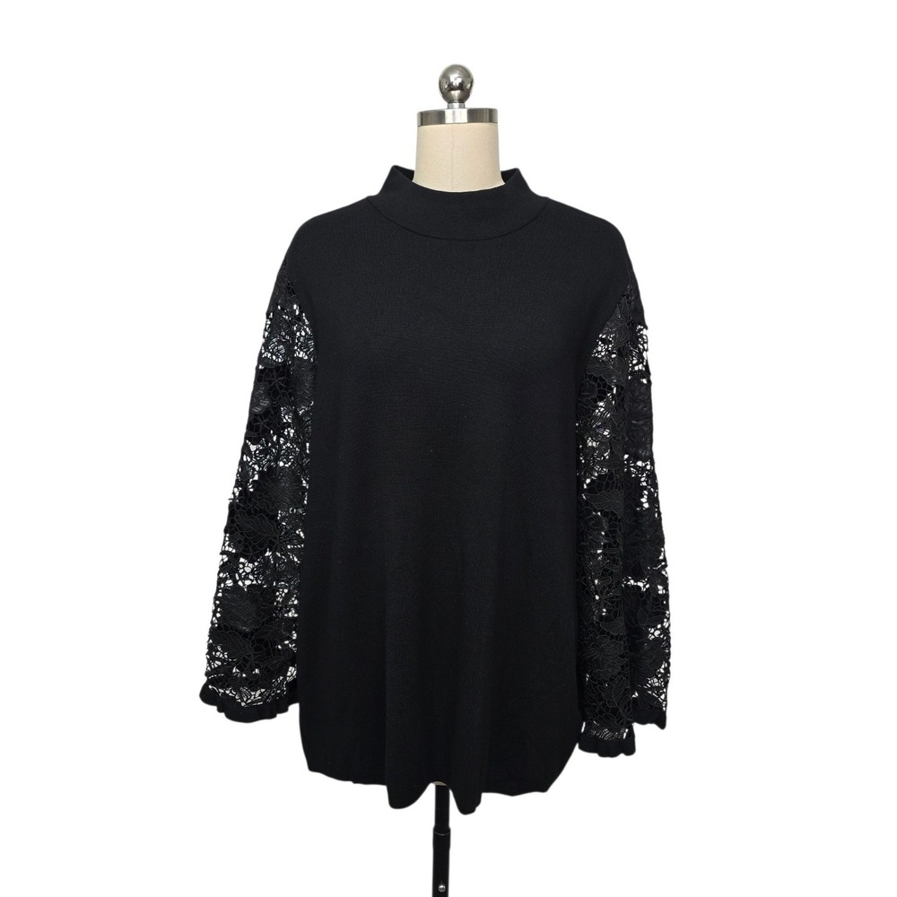 Chicos Black Mock Neck Sweater Floral Lace Balloon Sleeve Size 4 US XXL